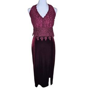 Vintage 80s Formal Prom Dress Womens Size S Red Burgundy Halter Open Back